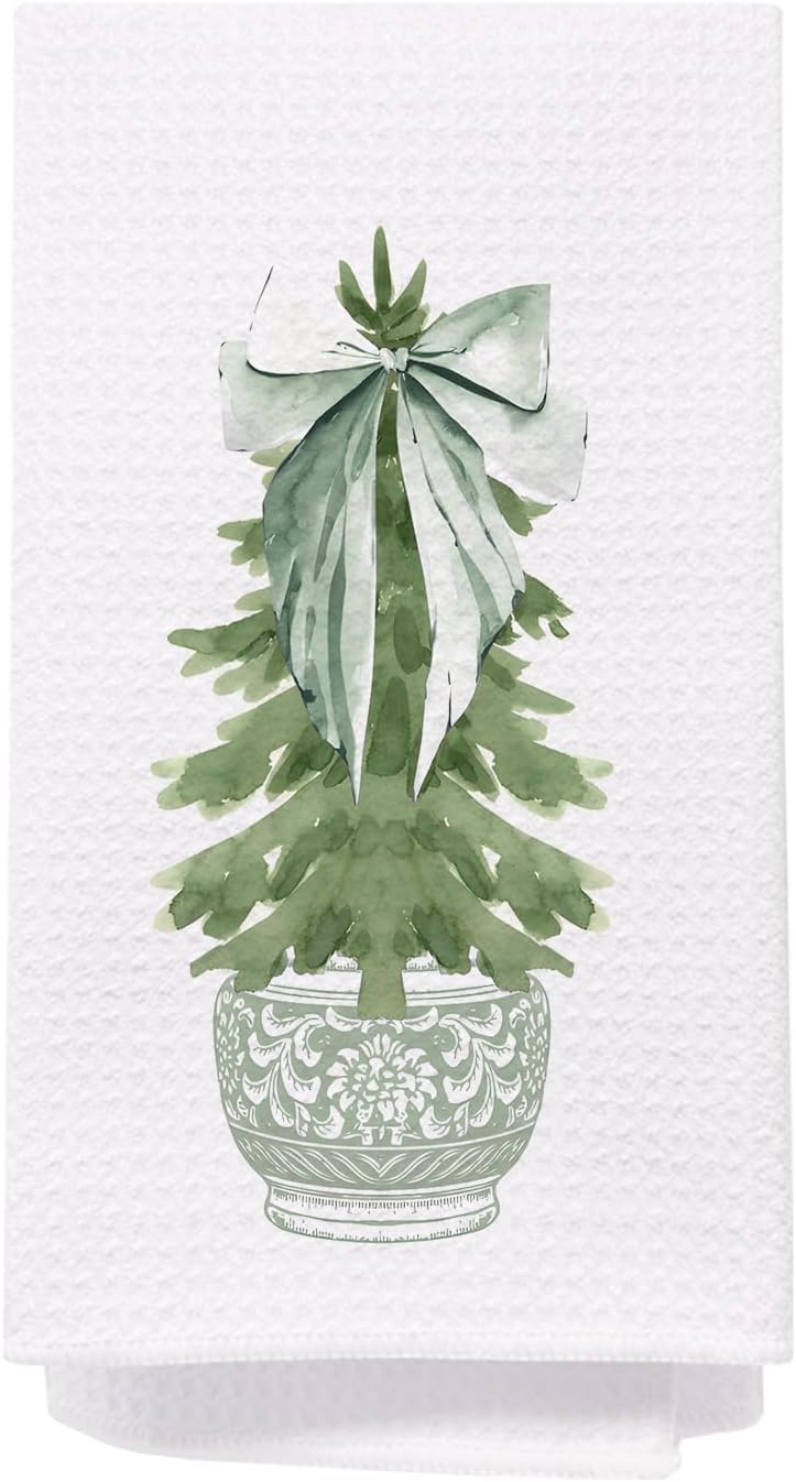 SPBL&L Chinoiserie Christmas Kitchen & Bath Towels, Sage Green Porcelain Chinoiserie Tree Hand & Dish Towels, 16x24 Inch - Image 1